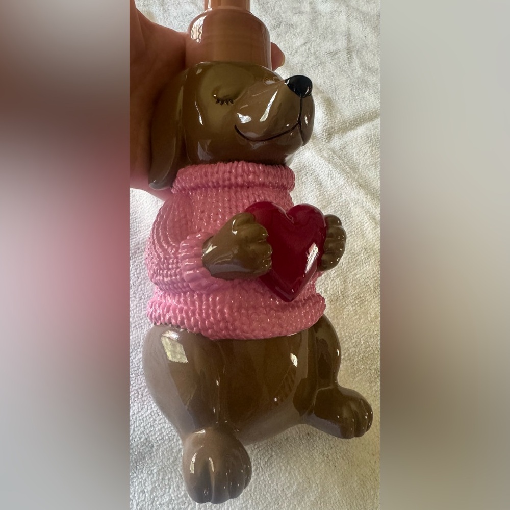 Liquid Hand Soap Dispenser. Pink Dog Figurine with Heart Sweater - Picture 3 of 4